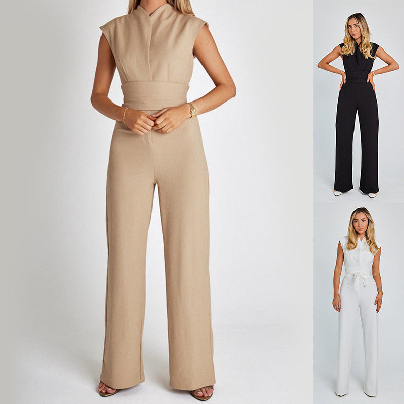 Elegant Long Sleeveless Jumpsuit Autumn V-neck Casual Wide Leg women’s fashion