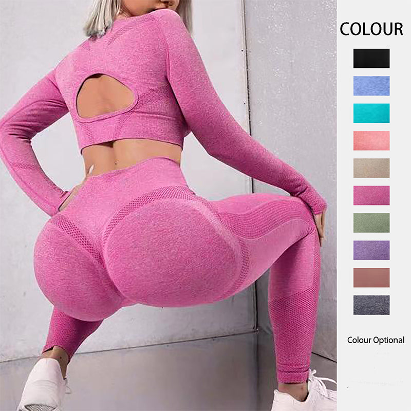 2pcs Long Sleeve Hollow Design Top And Butt Lifting yoga pants set