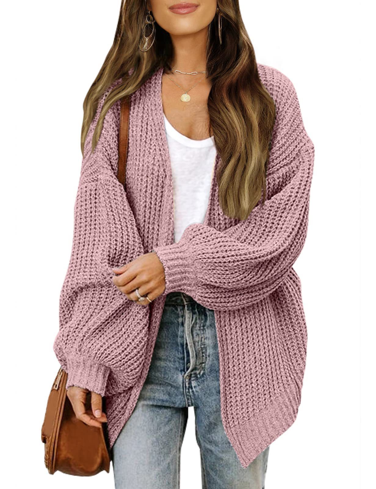 Lantern-sleeved Cardigan Sweater With Pockets Casual Loose Solid Knit Cardigan Autumn Tops Women's Clothing