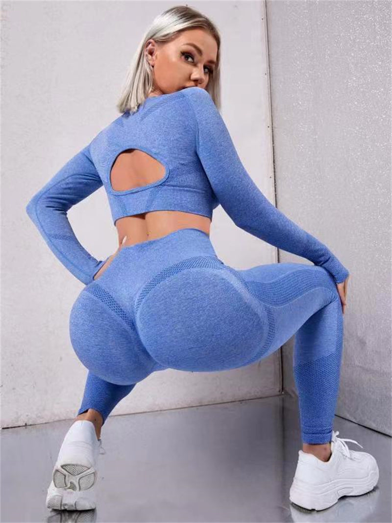 2pcs Long Sleeve Hollow Design Top And Butt Lifting yoga pants set