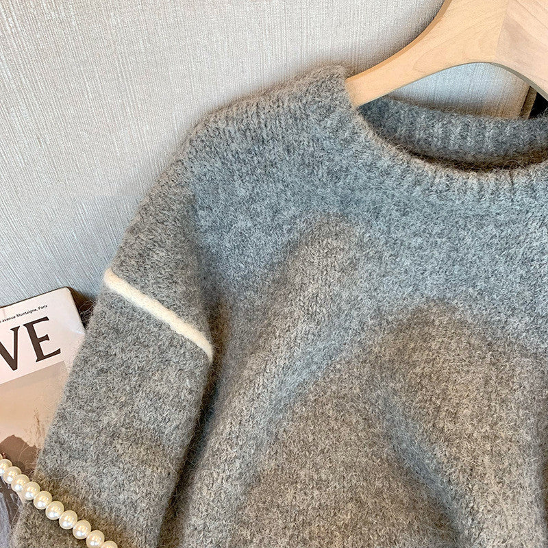 Grey Round-collar Retro Casual Loose Temperament Sweater