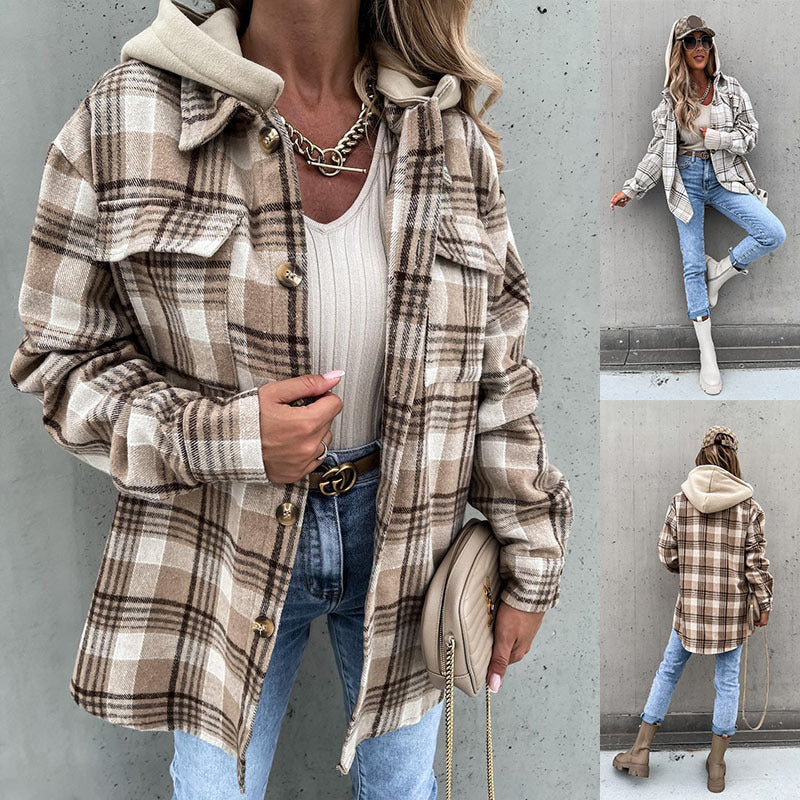 Women's Woolen Jacket Autumn Fashion Plaid Hooded Coat With Detachable hood And Pockets Design Shacket Outerwear Winter Fashion