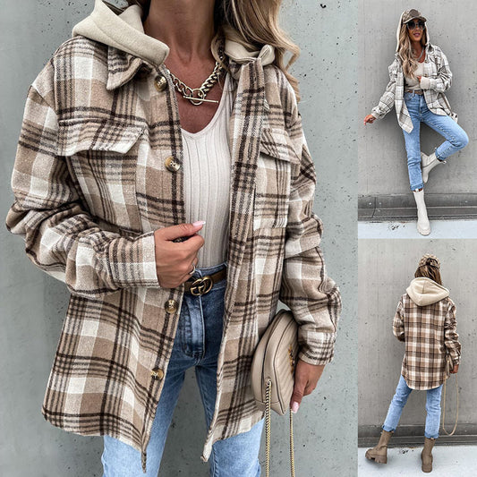 Women's Woolen Jacket Autumn Fashion Plaid Hooded Coat With Detachable hood And Pockets Design Shacket Outerwear Winter Fashion