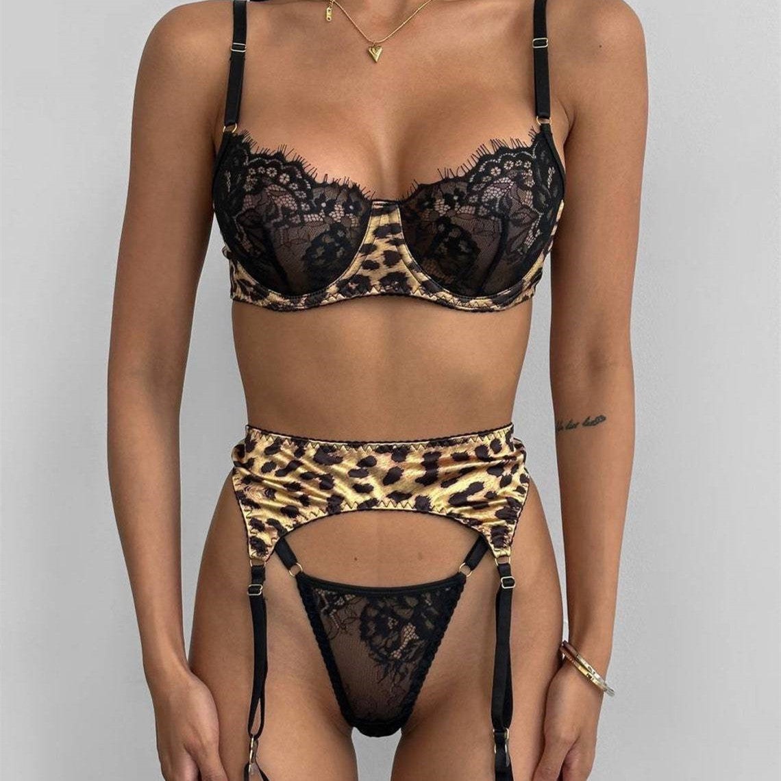 Leopard Print Lace Lingerie Three-piece Set