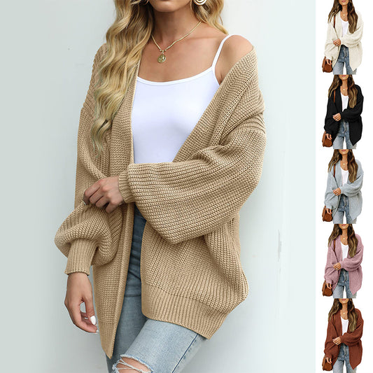 Lantern-sleeved Cardigan Sweater With Pockets Casual Loose Solid Knit Cardigan Autumn Tops Women's Clothing