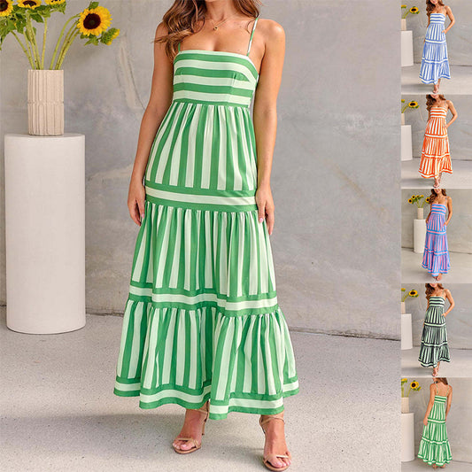 Striped Suspender Long Dress