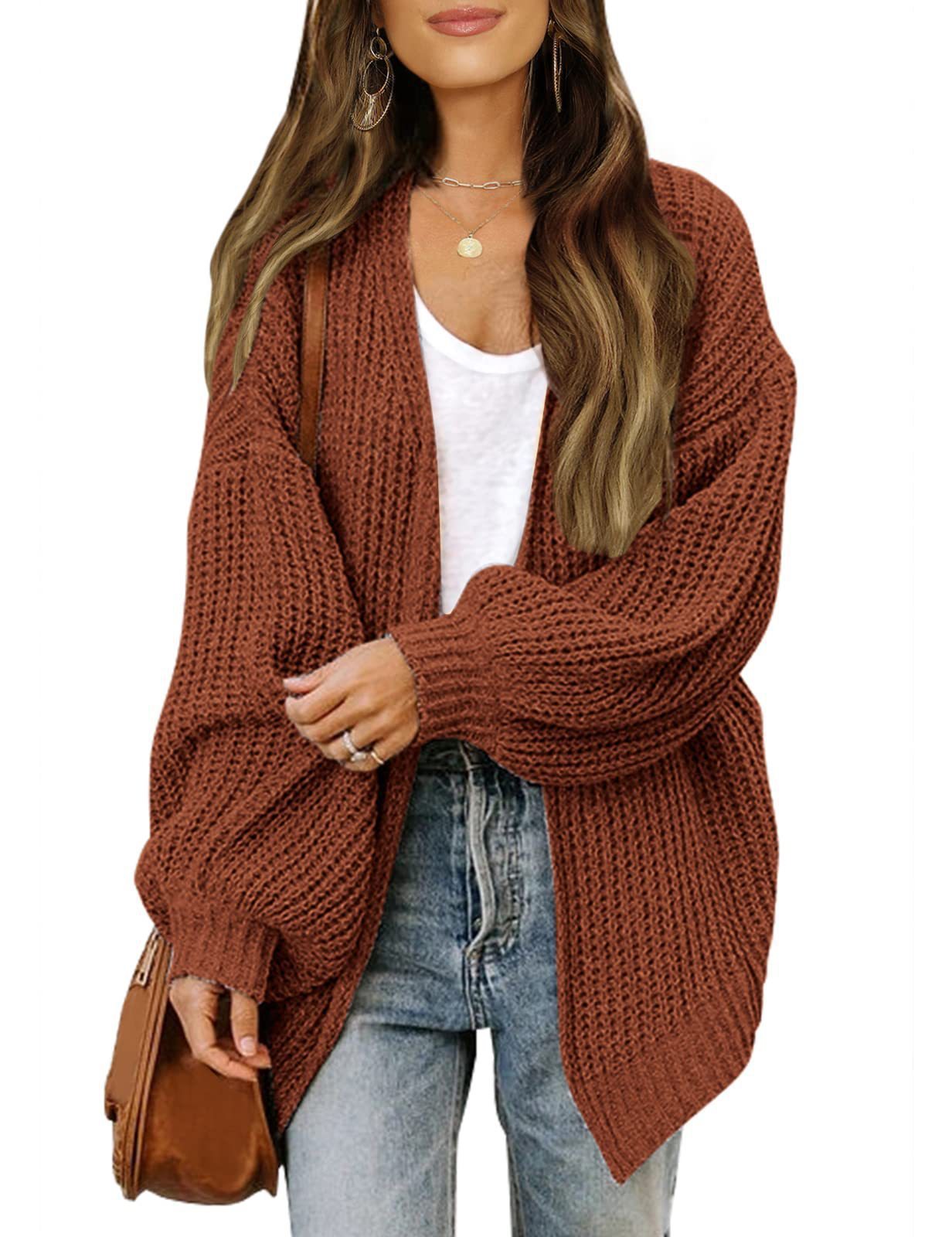 Lantern-sleeved Cardigan Sweater With Pockets Casual Loose Solid Knit Cardigan Autumn Tops Women's Clothing