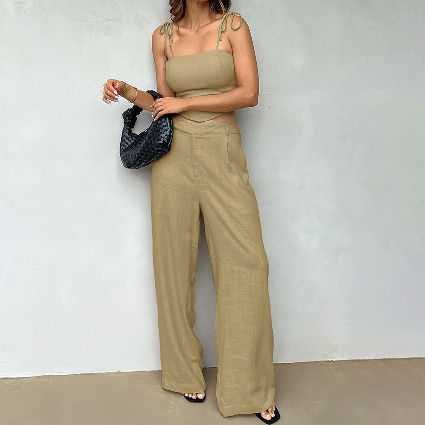 Fashion Flooded Pants Outfit - Linen Short Vest & Pants Two-piece Set