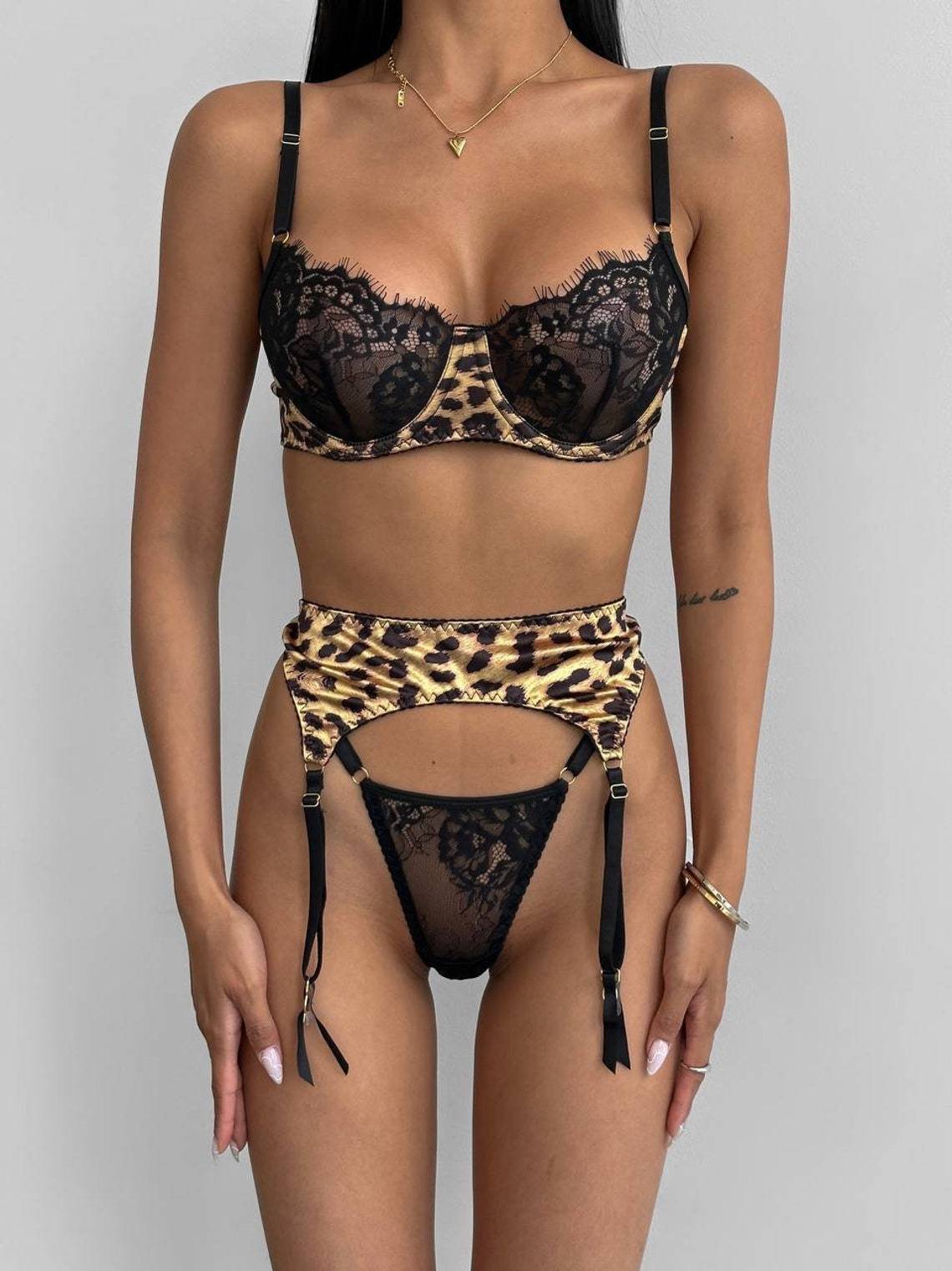 Leopard Print Lace Lingerie Three-piece Set