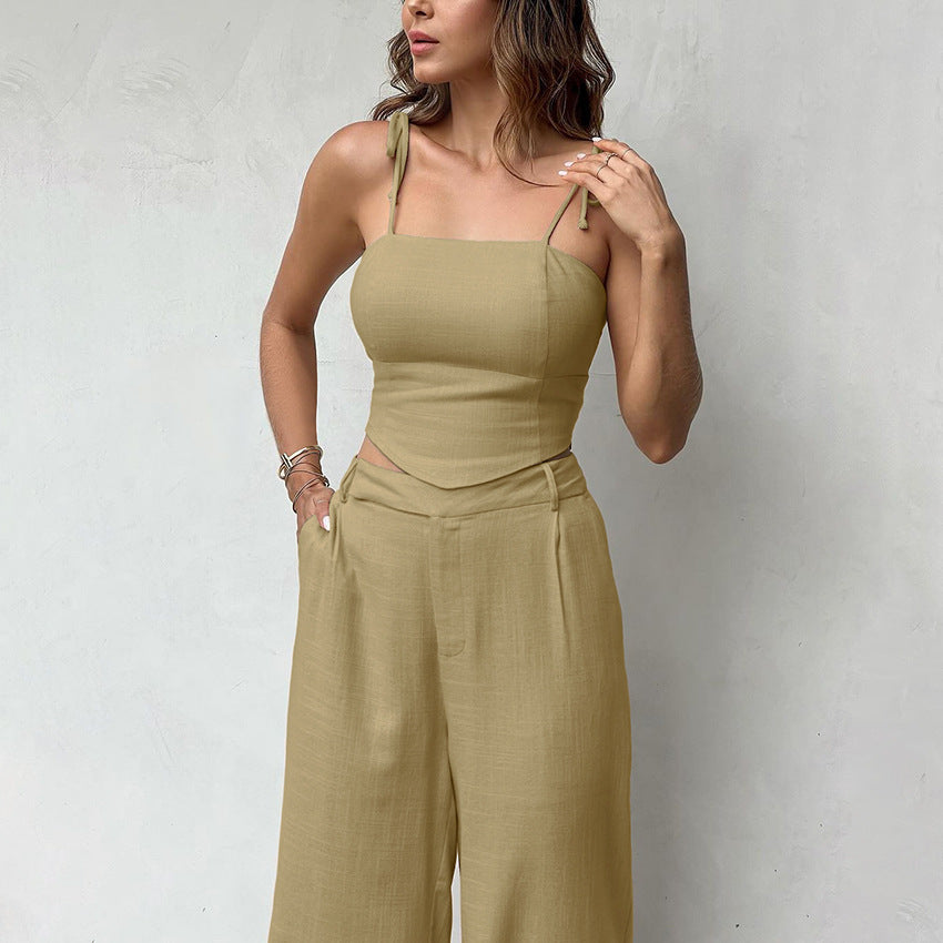 Fashion Flooded Pants Outfit - Linen Short Vest & Pants Two-piece Set