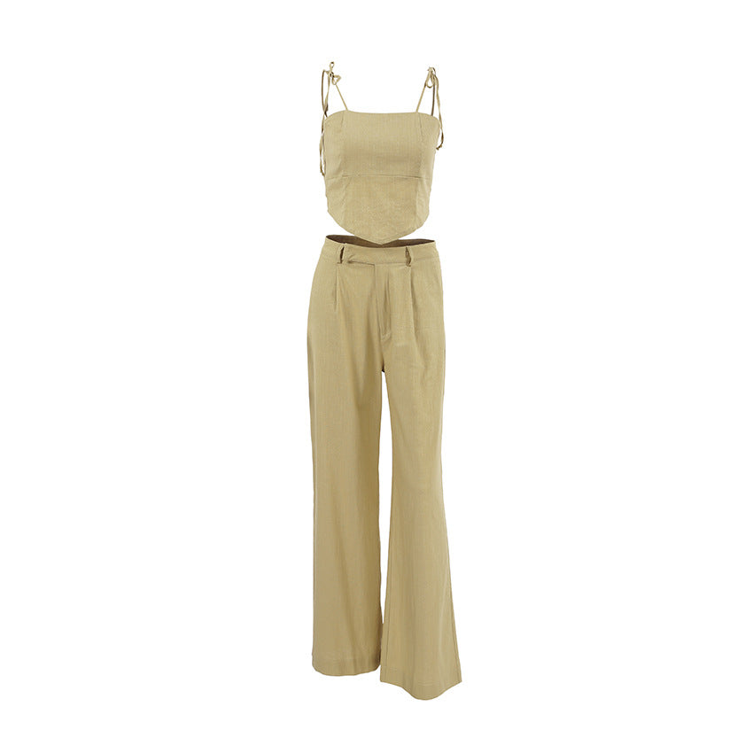 Fashion Flooded Pants Outfit - Linen Short Vest & Pants Two-piece Set