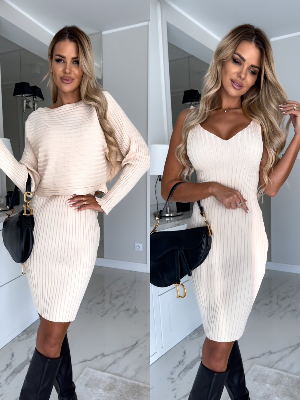 2pcs Solid Stripe Long-sleeved Top And Fitted Skirt