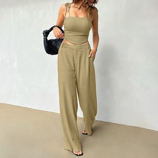 Fashion Flooded Pants Outfit - Linen Short Vest & Pants Two-piece Set