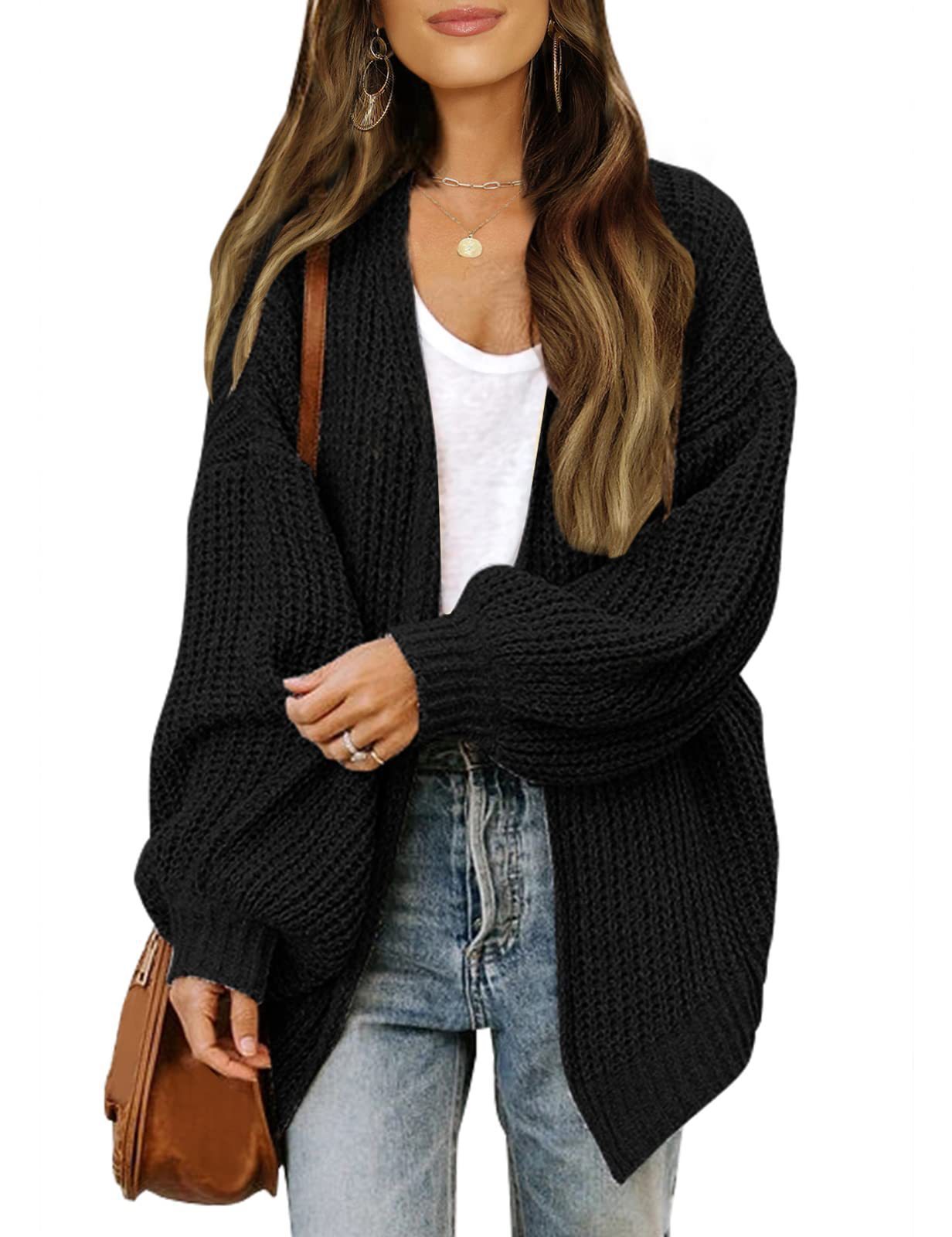 Lantern-sleeved Cardigan Sweater With Pockets Casual Loose Solid Knit Cardigan Autumn Tops Women's Clothing