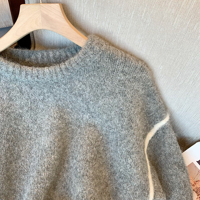 Grey Round-collar Retro Casual Loose Temperament Sweater