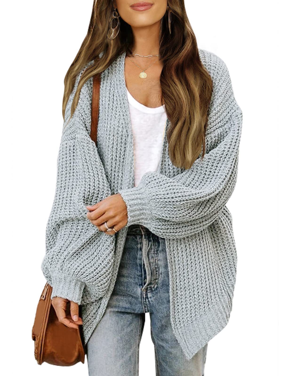 Lantern-sleeved Cardigan Sweater With Pockets Casual Loose Solid Knit Cardigan Autumn Tops Women's Clothing