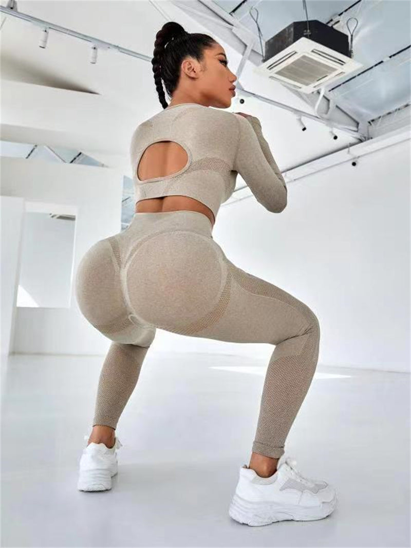 2pcs Long Sleeve Hollow Design Top And Butt Lifting yoga pants set