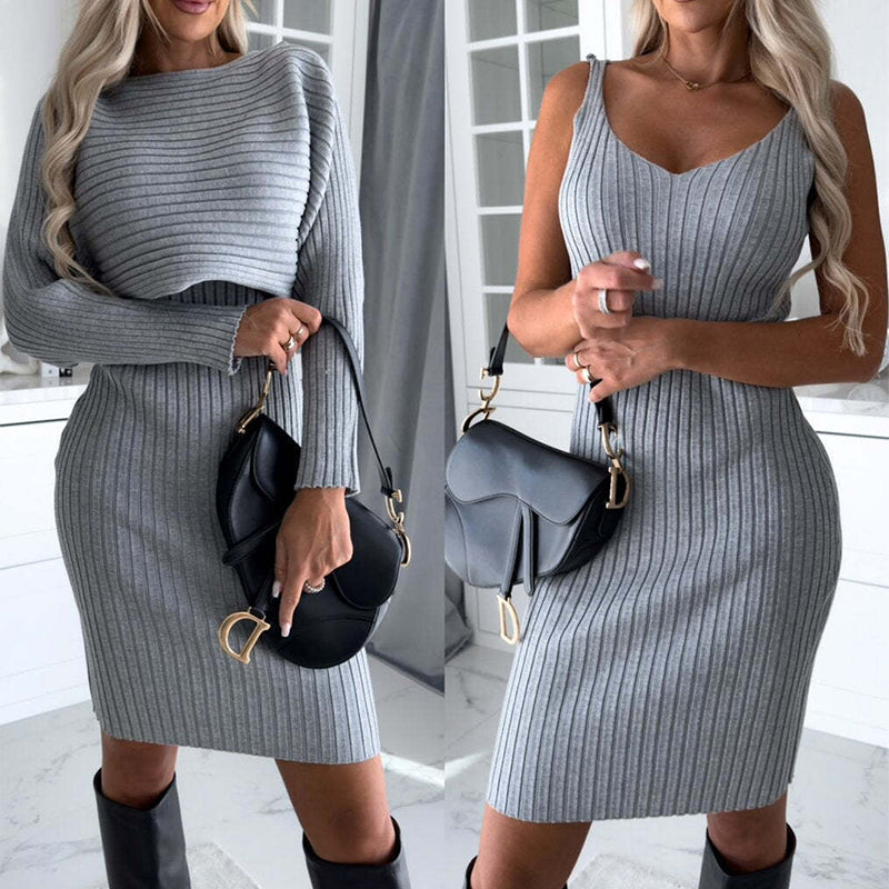 2pcs Solid Stripe Long-sleeved Top And Fitted Skirt