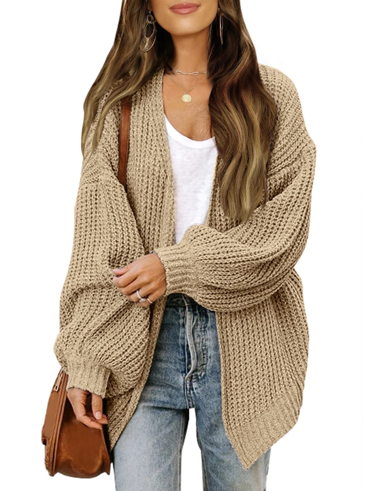 Lantern-sleeved Cardigan Sweater With Pockets Casual Loose Solid Knit Cardigan Autumn Tops Women's Clothing