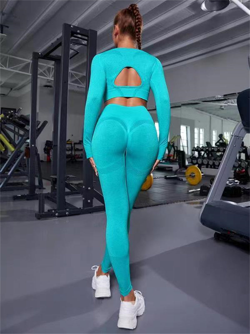 2pcs Long Sleeve Hollow Design Top And Butt Lifting yoga pants set